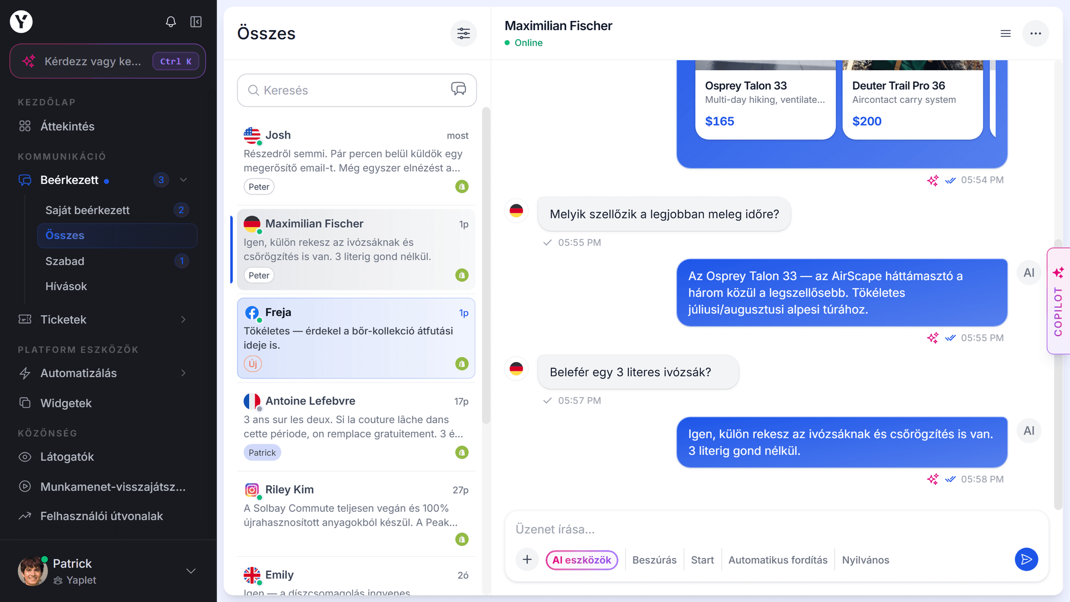 Yaplet inbox egy élő ügyfélbeszélgetéssel