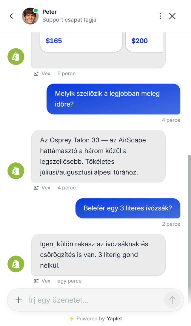 Yaplet chat widget egy ügyfél weboldalán