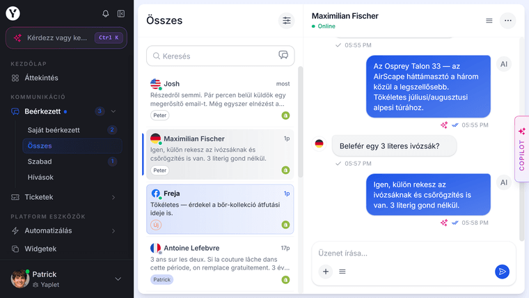 Yaplet inbox egy élő ügyfélbeszélgetéssel